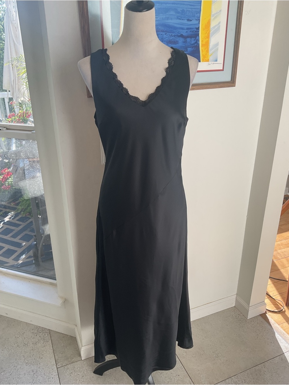 Nicole Miller Black Satin Lace-Trim Slip Dress